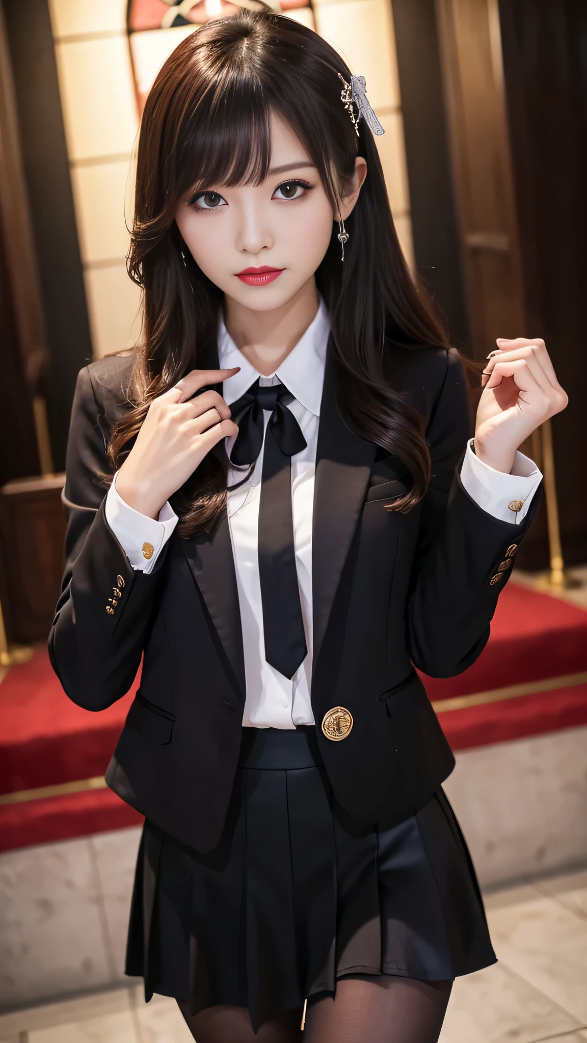 tra-detailed、2girls、Japanese、attractive beauty、seductive adult woman、pretty woman、piercing eyes、cool girl、wavy hair、swept bangs、suit、Jacket、blouse、ribbon、Tight Skirt、pantyhose、beautiful feet、Evil cadres、evil depravity、brainwash、mind control、lipstick、lip gloss、dark makeup、smirk、Evil expression、evil、hollow eyes,half-closed eyes、empty eyes、evil、church at night、vampire、succubus、vampire、Swear allegiance、stand