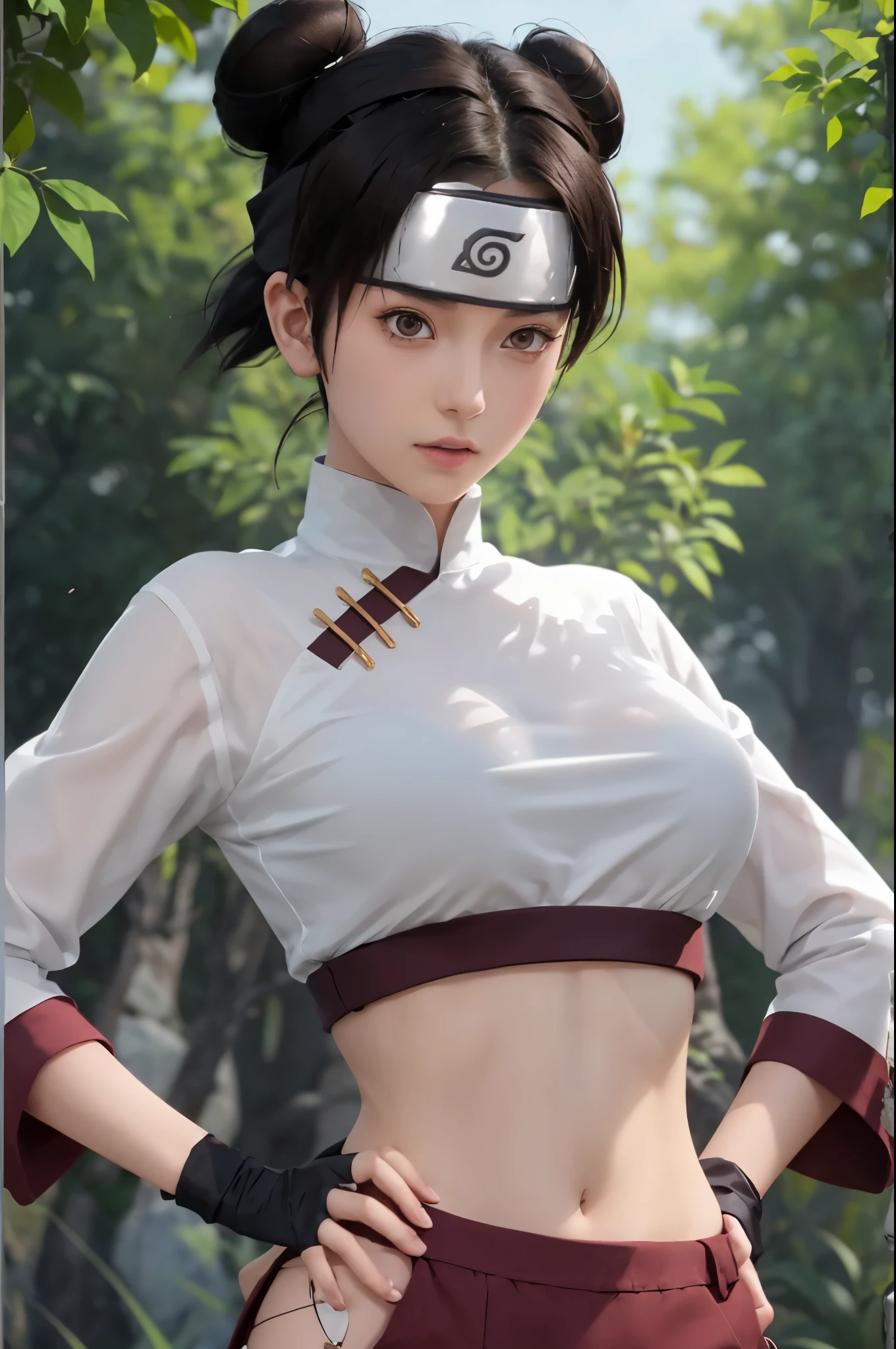 Tenten from anime naruto \(series\), naruto shippuuden, anime art style, masterpiece, An animated character with a ninja headband bearing a konohagakure symbol. She has dark hair styled in two buns on top and a short ponytail in the back. Her eyes are brown, and she has a fair complexion. She wears a loose white blouse with rolled-up sleeves and brown wristbands, paired with a high-waisted dark red pants. The character is standing beside a body of water with rocks and foliage in the background, glancing over her shoulder with a serene expression, breasts, cosplay, real person, real life,, (ultra detailed), (8k, intricate), (85mm), light particles, lighting, full body, (highly detailed:1.2), breast focus, (gradients), sfw, colorful, (detailed background), (rule of third_composition:1.3), (Line of action:1.2), daylight, solo