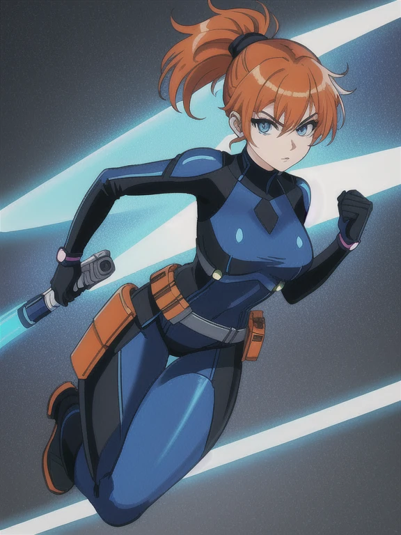 1girl, Sexy Experienced Cyberpunk Agent, ((32year old, dressed in a tight blue futuristic bodysuit, utility belt, boots, medium breasts, short orange hair, pony tail styled hair, light skin, natural makeup, athletic body:1.3, detailed blue eyes:1.5, looking fiercely at the viewer:1.3, holding two pistols with both hands:1.2)) heroic pose, full-length, full body, fight scene, full-length, super face detail
