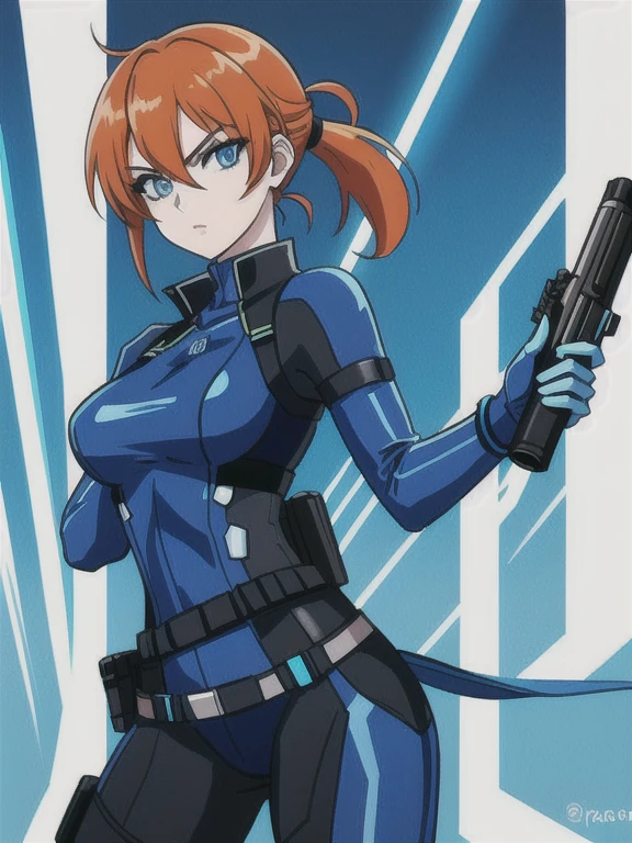 1girl, Sexy Experienced Cyberpunk Agent, ((32year old, dressed in a tight blue futuristic bodysuit, utility belt, boots, medium breasts, short orange hair, pony tail styled hair, pale skin, natural makeup, athletic body:1.3, detailed blue eyes:1.5, looking fiercely at the viewer:1.3, holding two pistols with both hands:1.2)) 