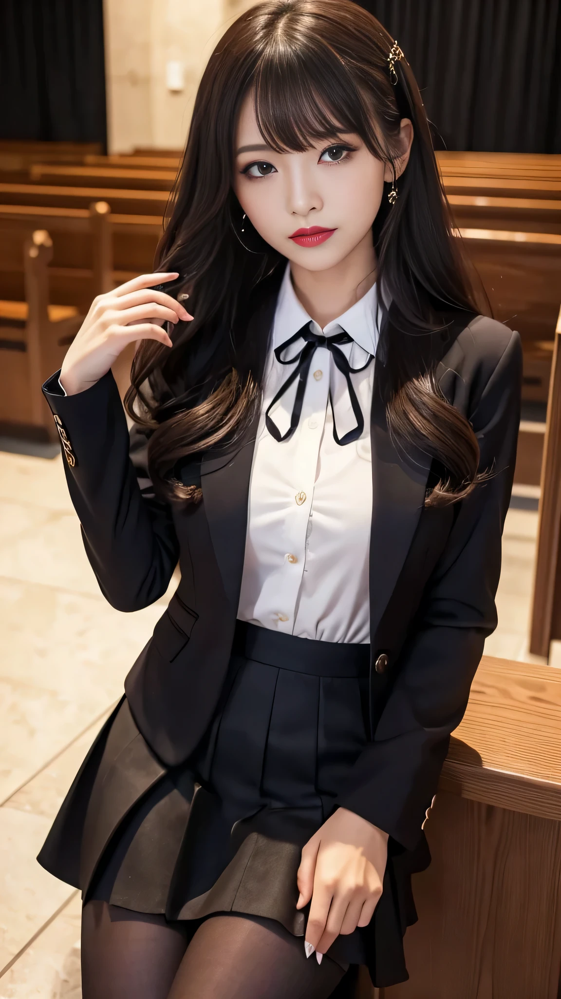 tra-detailed、2girls、Japanese、attractive beauty、seductive adult woman、pretty woman、piercing eyes、cool girl、wavy hair、swept bangs、suit、Jacket、blouse、ribbon、Tight Skirt、pantyhose、beautiful feet、Evil cadres、evil depravity、brainwash、mind control、lipstick、lip gloss、dark makeup、smirk、Evil expression、evil、hollow eyes,half-closed eyes、empty eyes、evil、church at night、vampire、succubus、vampire、Swear allegiance、stand