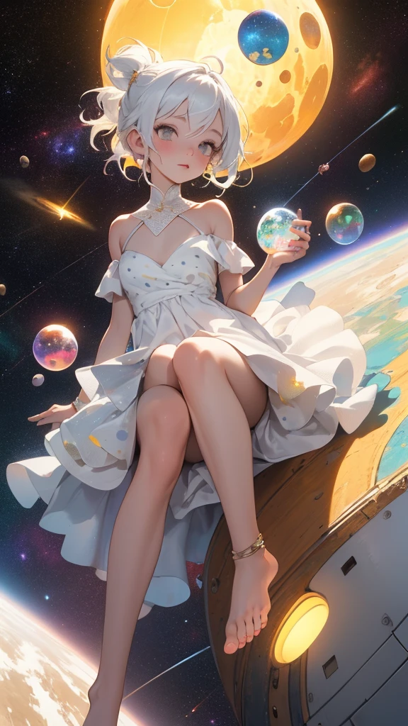 (the masterpiece, Best quality at its best:1.2), (ultra - detailed),(lamp light), wallpaper, original,
1 girl, dirty white hair, thin shoulder strap, White dress, bare feet, Barefoot, Bare arms, space, Earth background, Low Earth Orbit, 
,(Surrounded by colorful spots and dots),colorful bubbles,(brilliant)