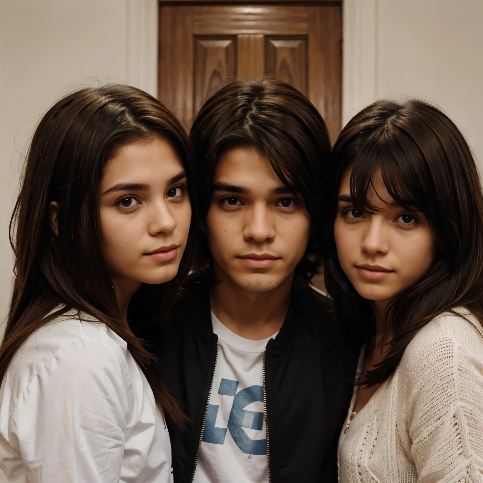 Tres hermanos; older sister brown hair,hermano de en medio cabello blanco,  brother black hair 