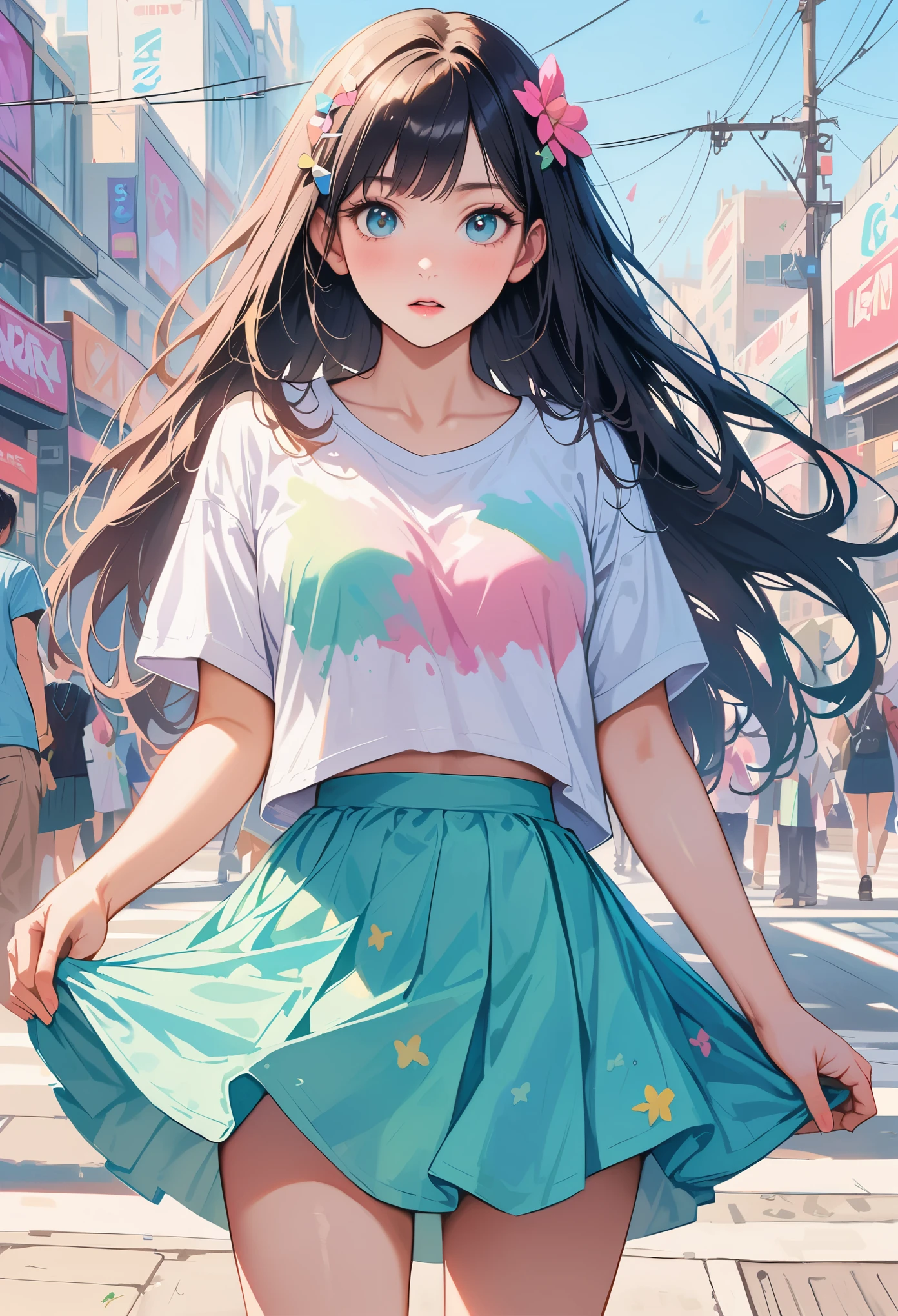 photoactual, lip gloss, , actual, best quality, ultra high resolution, depth, pastel colors, Natural shades, focus on face, Just look at the face, looking at the audience, long hair, hair accessories, black hair, brown and detailed eyes, skirt