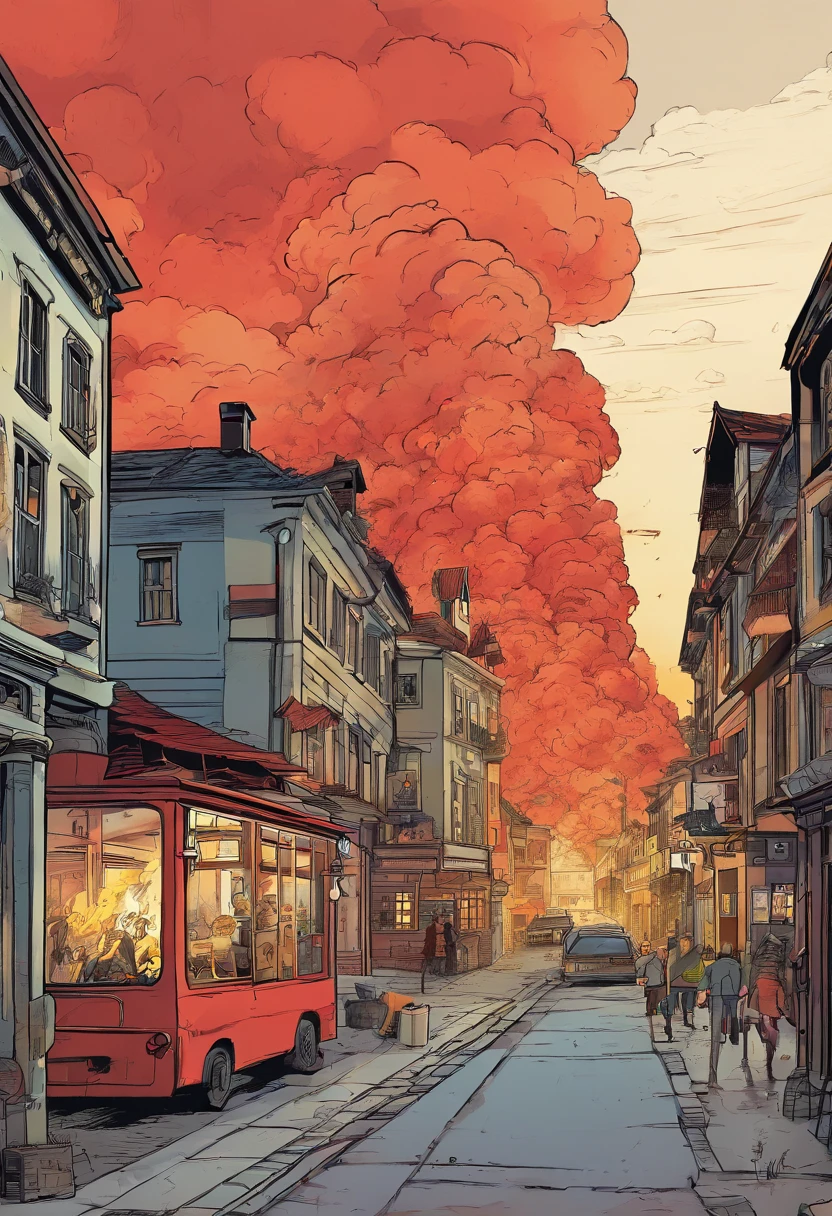 create a a german city being decimated by fire. use a cor vermelha. cena noturna