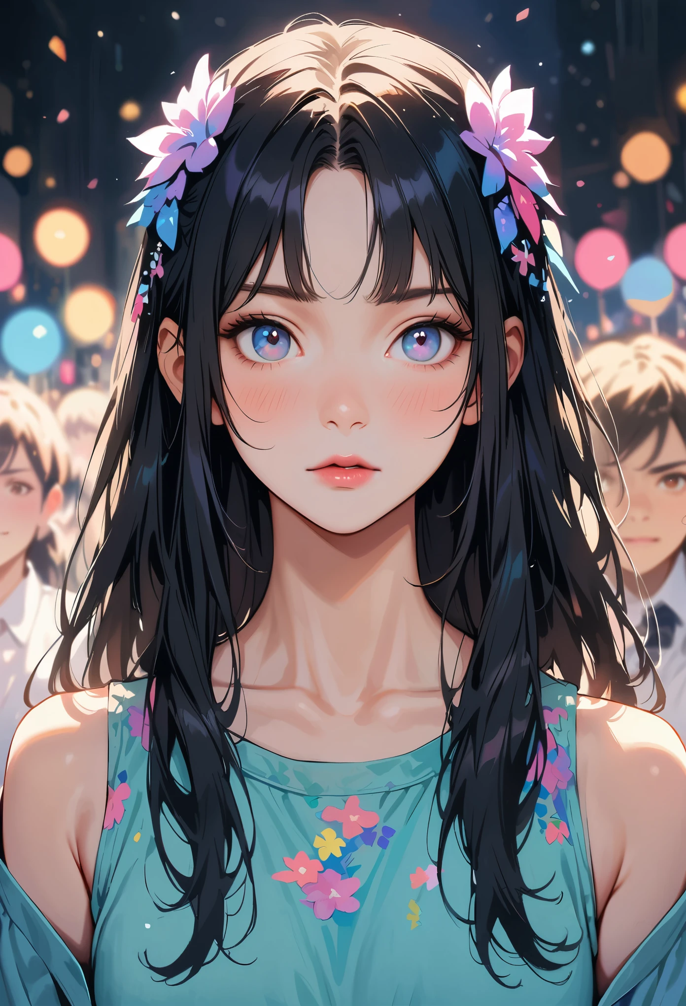 photoactual, lip gloss, , actual, best quality, ultra high resolution, depth, pastel colors, Natural shades, focus on face, Just look at the face, looking at the audience, long hair, hair accessories, black hair, brown and detailed eyes, skirt