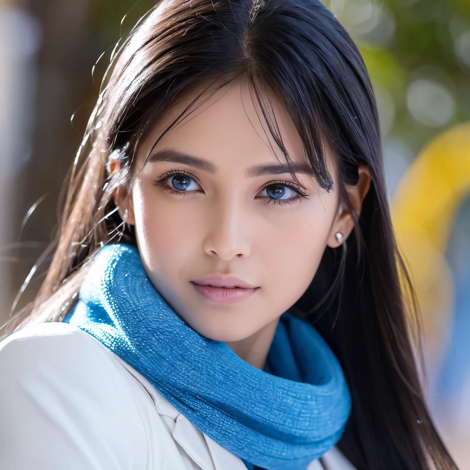 1 mujer de ojos azules brillantes y cabello ????? piel blanca y una cicatriz en el rostro 