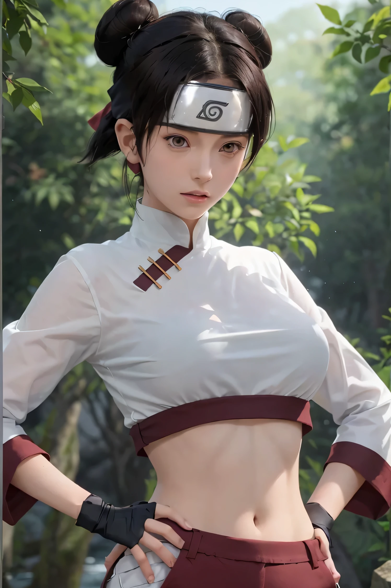 Tenten from anime naruto \(series\), naruto shippuuden, anime art style, masterpiece, An animated character with a ninja headband bearing a konohagakure symbol. She has dark hair styled in two buns on top and a short ponytail in the back. Her eyes are brown, and she has a fair complexion. She wears a loose white blouse with rolled-up sleeves and brown wristbands, paired with a high-waisted dark red pants. The character is standing beside a body of water with rocks and foliage in the background, glancing over her shoulder with a serene expression, breasts, cosplay, real person, real life,, (ultra detailed), (8k, intricate), (85mm), light particles, lighting, full body, (highly detailed:1.2), breast focus, (gradients), sfw, colorful, (detailed background), (rule of third_composition:1.3), (Line of action:1.2), daylight, solo