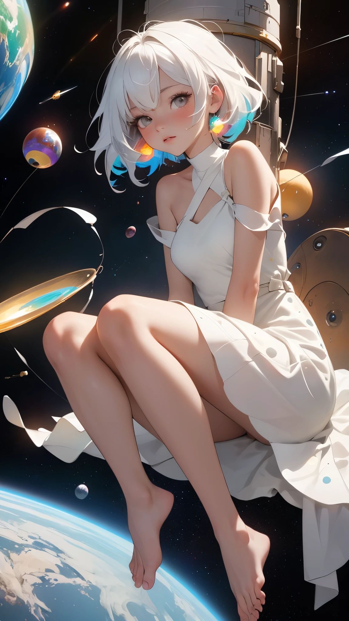 (the masterpiece, Best quality at its best:1.2), (ultra - detailed),(lamp light), wallpaper, original,
1 girl, dirty white hair, thin shoulder strap, White dress, bare feet, Barefoot, Bare arms, space, Earth background, Low Earth Orbit,
,(Surrounded by colorful spots and dots),colorful bubbles,(brilliant)