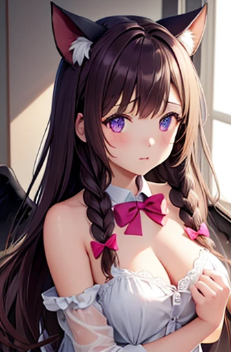 1girl in, Naked, Animal ears, Purple eyes, Brown hair, Wings, Solo, Long hair, blush, Cat ears, Flowers, Looking at Viewer, Braids, the bow, slutty dress, pink flowers, the bow, Hair Accessories, Bangs, Cats, Hair Flower, Animal ear hair, Holding, Virtual Youtuber, blue bow, holding animal, catwoman, stuffed toy