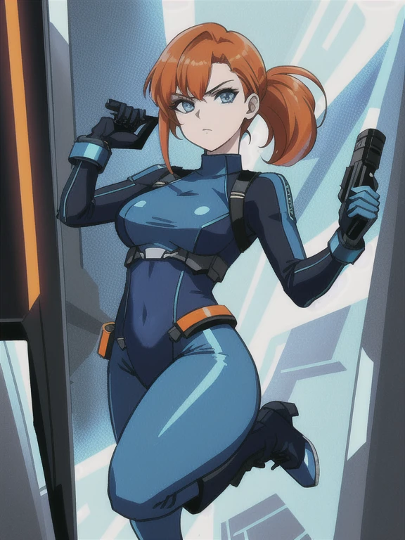 1girl, Sexy Experienced Cyberpunk Agent, ((32year old, dressed in a tight blue futuristic bodysuit, utility belt, boots, medium breasts, short orange hair, pony tail styled hair, pale skin, natural makeup, athletic body:1.3, detailed blue eyes:1.5, looking fiercely at the viewer:1.3, holding two pistols with both hands:1.2))