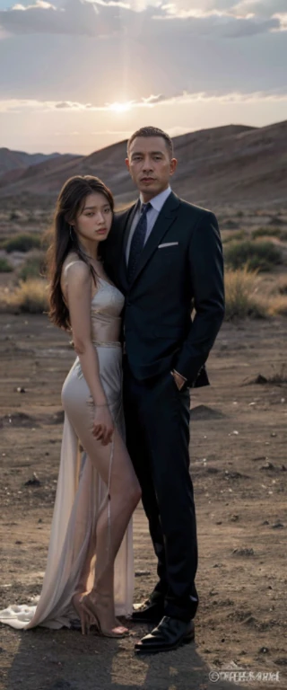ban nsfw,original photo,depth of field,dramatic,(Real movie stills:1.3),(best quality, high resolution:1.2), Super detailed details, (actual、lifelike、Realism:1.3), Inspired by the 007 movie,at sunset,spectacular cloud formations,desert,full body portrait,A beautiful and handsome couple,Woman kneeling at the man's feet, The woman's hair is very messy,sophisticated evening gown,The atmosphere of the battle, Threatening atmosphere, close up, Perfect body,性感的long legs,long legs,Highly detailed facial details, real background,背景在desert,Stills from the real 007 movie,Movie plot,The man stands next to the woman,(sharp focus:1.2), Very detailed, (lifelike:1.4), (The original image, 8K high resolution:1.2), RAW candid movies, 16 mm, Color graded Portra 400 film, Surreal, subsurface scattering, Ray tracing, (Volumetric lighting),Two men in suits behind the woman
