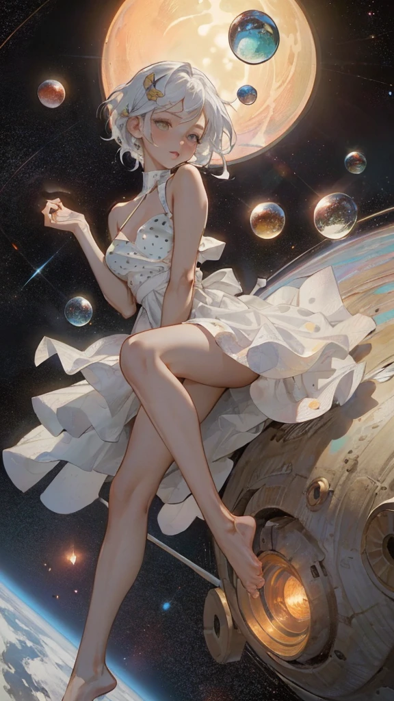 (the masterpiece, Best quality at its best:1.2), (ultra - detailed),(lamp light), wallpaper, original,
1 girl, dirty white hair, thin shoulder strap, White dress, bare feet, Barefoot, Bare arms, space, Earth background, Low Earth Orbit, 
,(Surrounded by colorful spots and dots),colorful bubbles,(brilliant)