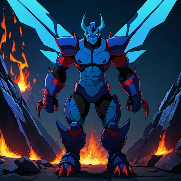 Flamedramon is a bipedal creature with blue skin that looks like a grown version of Veemon. It wears armor on its face, chest, thighs, hands, and feet, It has a blade-like spike protruding from its mask and claws from its hands. The armor is covered with flame-like designs
