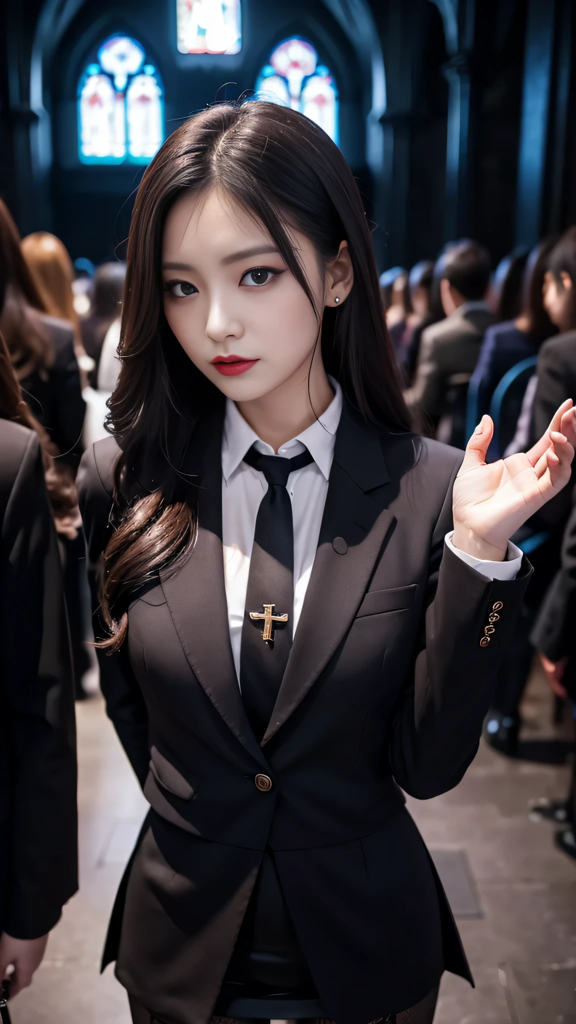 tra-detailed、2girls、Japanese、attractive beauty、seductive adult woman、pretty woman、piercing eyes、cool girl、suit、Jacket、blouse、ribbon、Tight Skirt、pantyhose、beautiful feet、Evil cadres、evil depravity、brainwash、mind control、lipstick、lip gloss、dark makeup、smirk、Evil expression、evil、hollow eyes,half-closed eyes、empty eyes、evil、church at night、vampire、succubus、vampire、Swear allegiance、stand