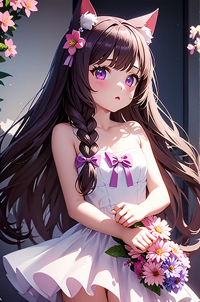 1girl in, Naked, Animal ears, Purple eyes, Brown hair, Wings, Solo, Long hair, blush, Cat ears, Flowers, Looking at Viewer, Braids, the bow, slutty dress, pink flowers, the bow, Hair Accessories, Bangs, Cats, Hair Flower, Animal ear hair, Holding, Virtual Youtuber, blue bow, holding animal, catwoman, stuffed toy