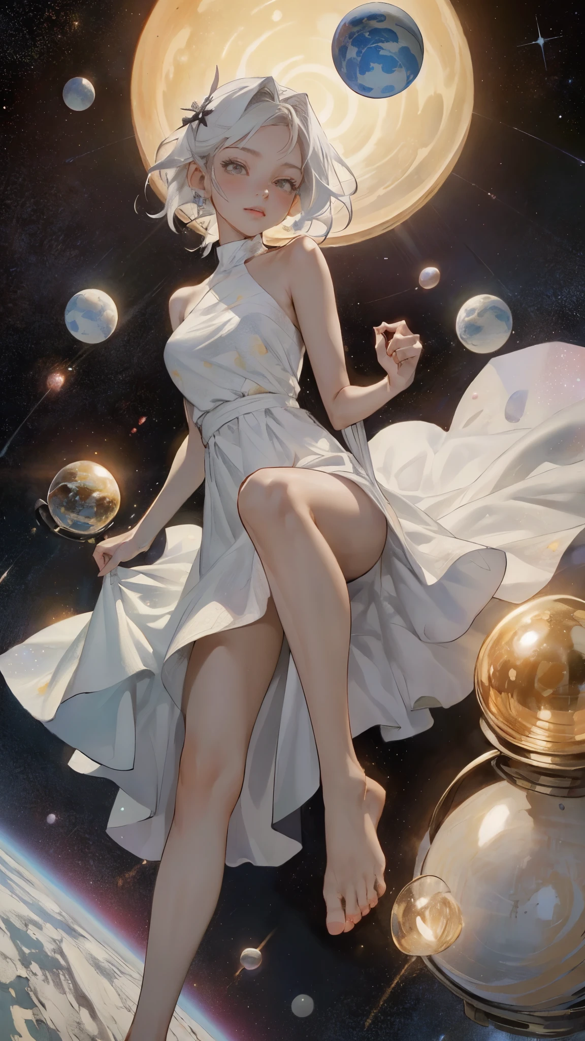 (the masterpiece, Best quality at its best:1.2), (ultra - detailed),(lamp light), wallpaper, original,
1 girl, dirty white hair, thin shoulder strap, White dress, bare feet, Barefoot, Bare arms, space, Earth background, Low Earth Orbit, 
,(Surrounded by colorful spots and dots),colorful bubbles,(brilliant)