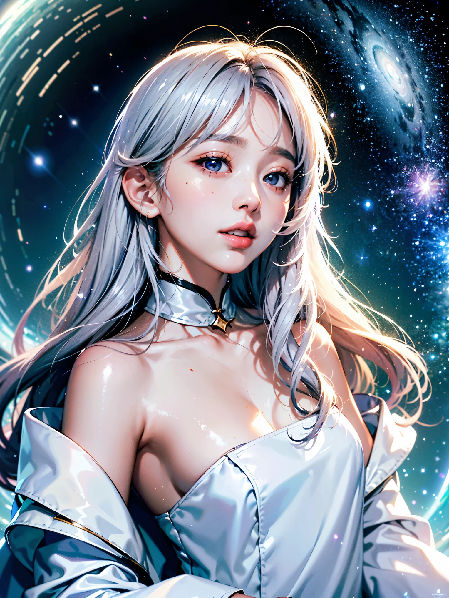 best quality, masterpiece, highres,1girl,Beautiful face, white silk robe, outer space background with stars and small galaxies, rim light, semi close-up, long white hair