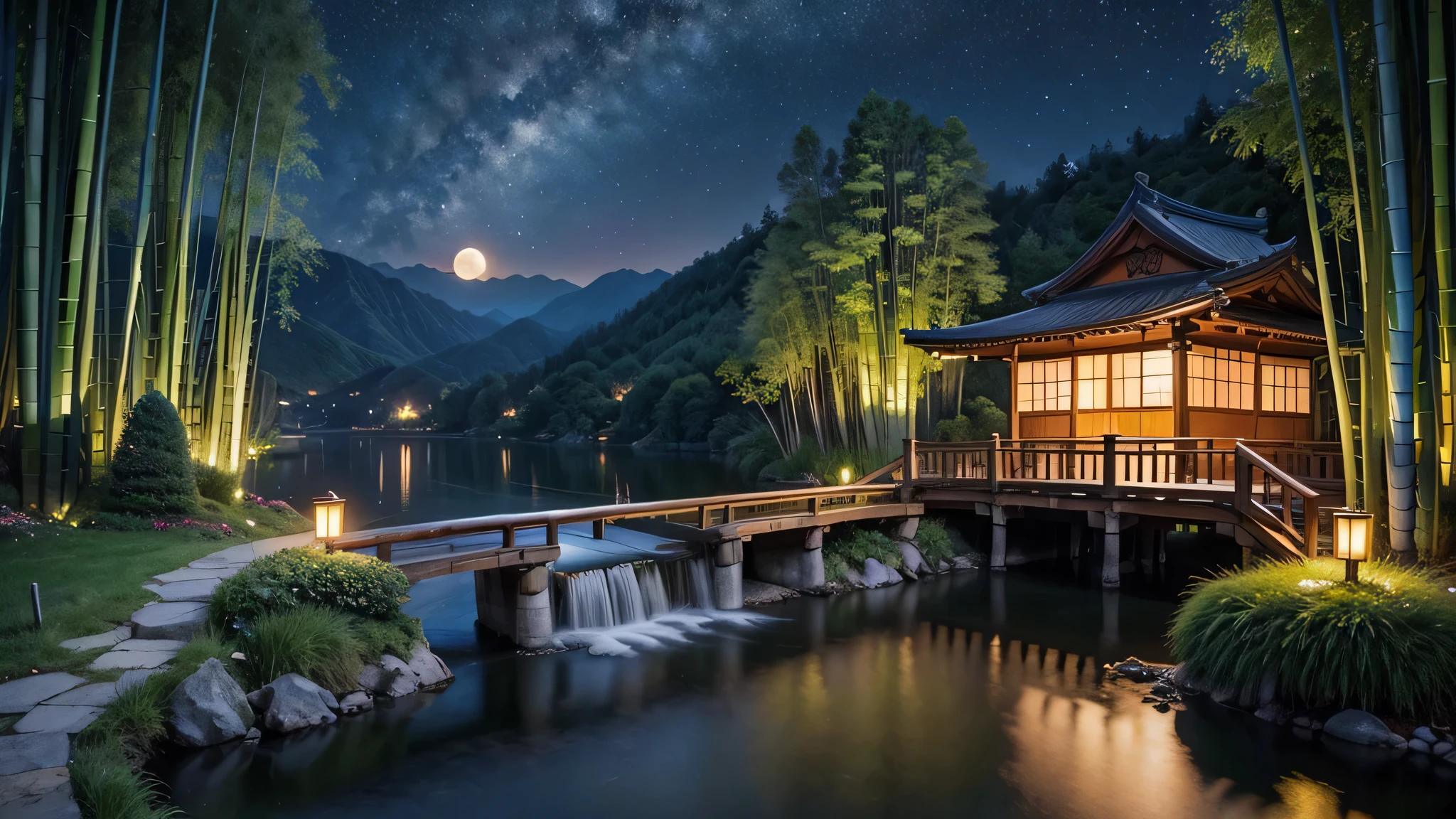 Masterpiece, starry sky, bamboo thicket in the upper right corner, a woman wearing a kimono in the upper right corner, a beautiful 18-year-old woman, the moon, bamboo, a deep view, many stars, a night view, a simple old folk house, a mountain, a river, a bridge, a magical tree , Valley of Fantasy, Bamboo Thicket, Magic World, Colorful and Detailed Dream Landscape, Beautiful and Detailed Fantasy, Flowers