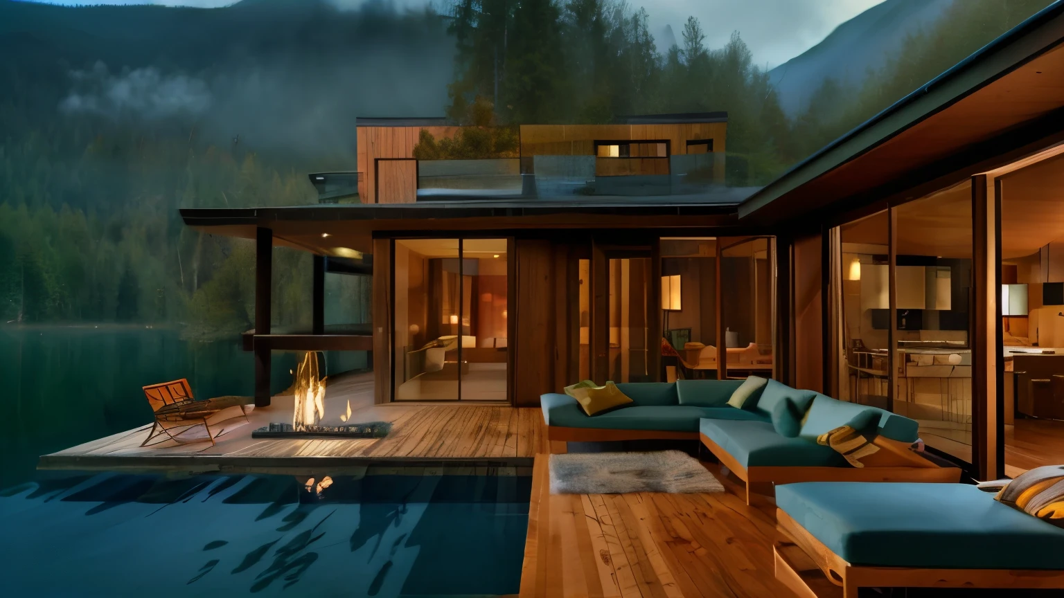 there is a large couch and a table on the deck, modern house in the wood, peaceful wooden mansion, house in forest, integrated in the mountains, minimalistic house in the wood, luxurious wooden cottage, lake house, outdoor design, fireplace, all in the amazing outdoors view, wooden house, tonal colors outdoor, house in the wood, mix with rivendell architecture