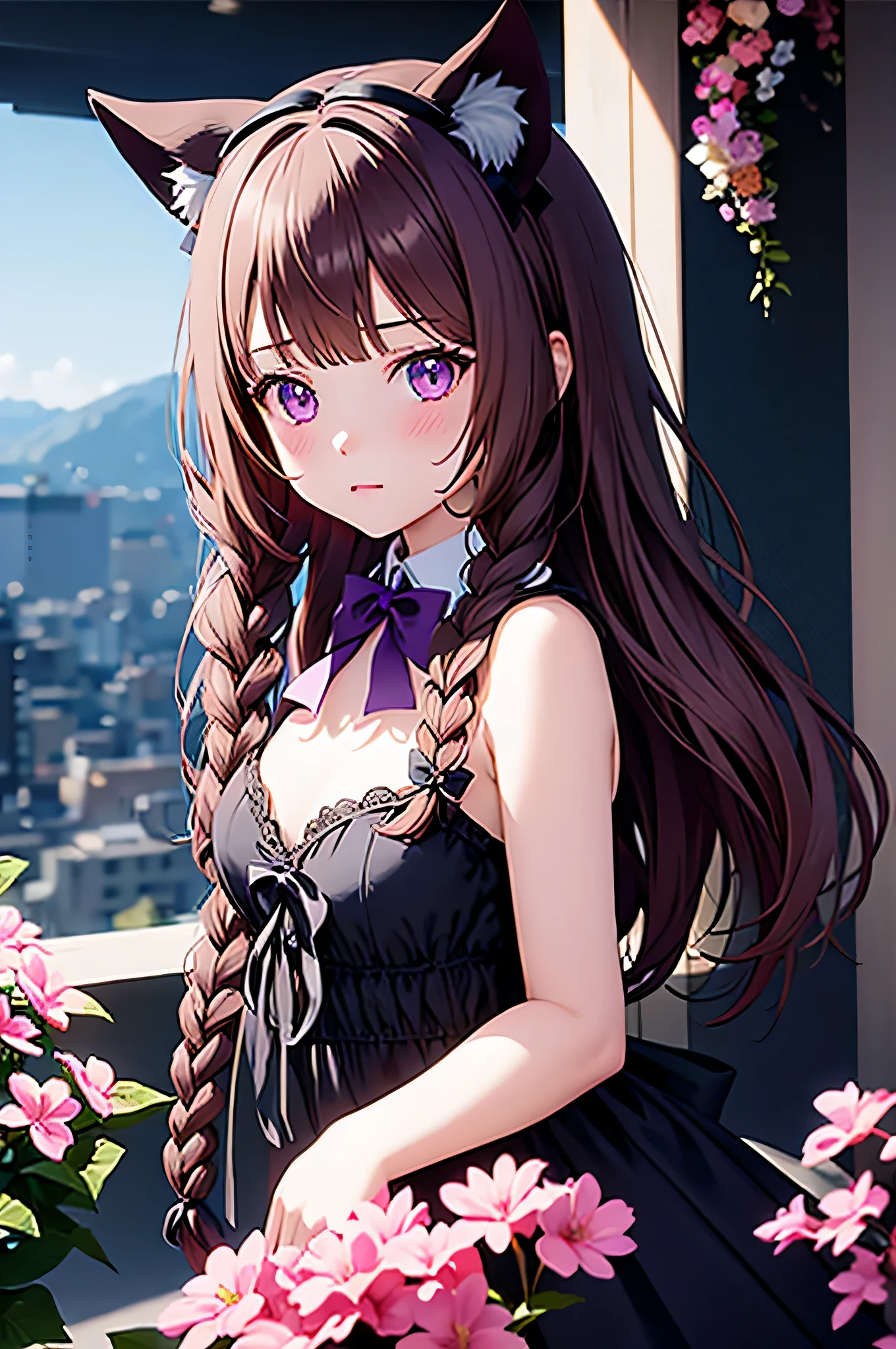 1girl in, Naked, Animal ears, Purple eyes, Brown hair, Wings, Solo, Long hair, blush, Cat ears, Flowers, Looking at Viewer, Braids, the bow, slutty dress, pink flowers, the bow, Hair Accessories, Bangs, Cats, Hair Flower, Animal ear hair, Holding, Virtual Youtuber, blue bow, holding animal, catwoman, stuffed toy