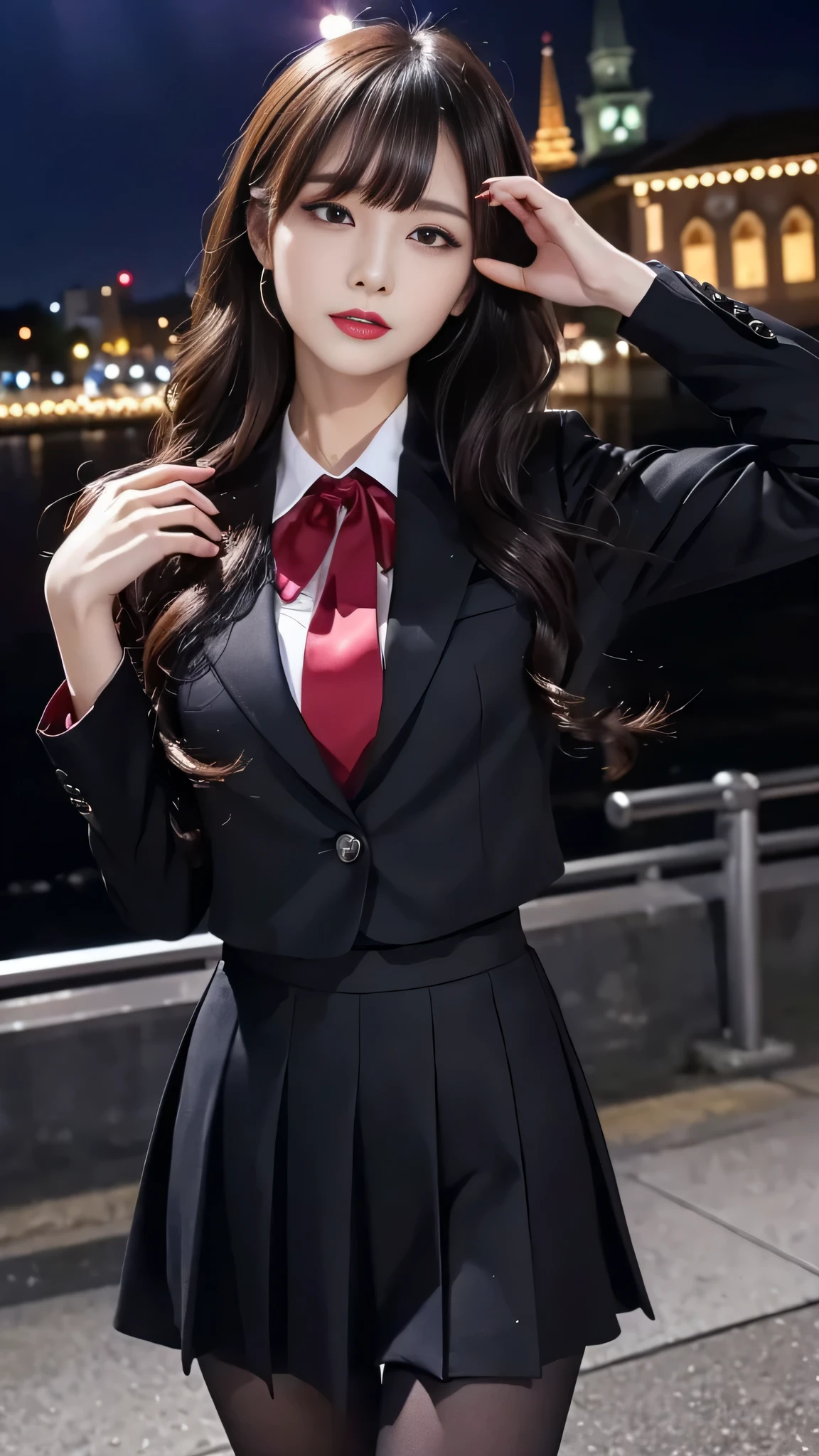 tra-detailed、2girls、Japanese、attractive beauty、seductive adult woman、pretty woman、piercing eyes、cool girl、wavy hair、swept bangs、suit、Jacket、blouse、ribbon、Tight Skirt、pantyhose、beautiful feet、Evil cadres、evil depravity、brainwash、mind control、lipstick、lip gloss、dark makeup、smirk、Evil expression、evil、hollow eyes,half-closed eyes、empty eyes、evil、church at night、vampire、succubus、vampire、Swear allegiance、stand