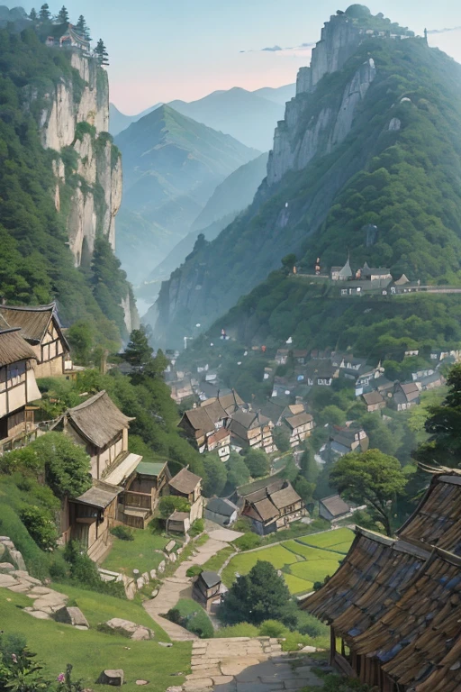 big fantasy town up on the mountain, thatched roofs, early medieval, town on a rocky cliff, tightly packed houses, narrow passages, tight spaces, clustered settlement, ((Ghibli style))