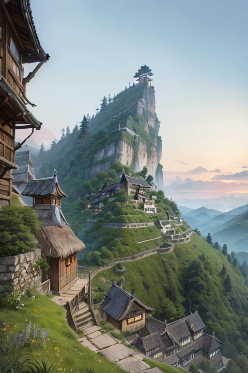 big fantasy town up on the mountain, thatched roofs, early medieval, town on a rocky cliff, tightly packed houses, narrow passages, tight spaces, clustered settlement, ((Ghibli style))