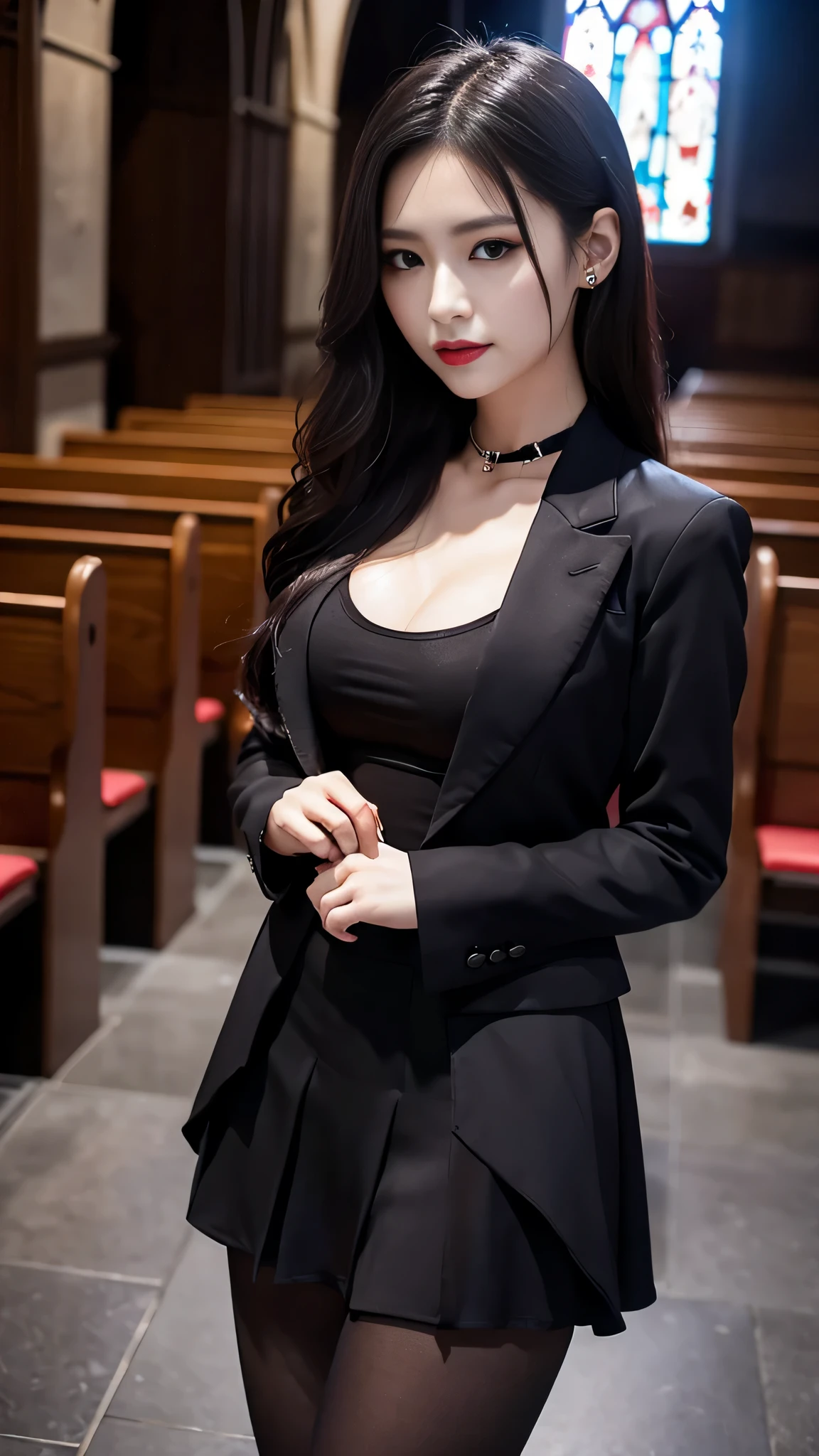 Darkness, night,Raw photo, highres, absurdres,UHD,girl,age 23,coat,pant dress, upper body, (big huge breasts,H cup breasts),open black coat, white shirt, waist skirt,((sfw:1.2)) ,( tight fit clothes:1.2), korean style hair,depth of field, indoor,(court room), (((looking at viewer))), perfect eyes, Night,rim light from front,(nipple bulge), perky breasts, Sitting, people in background