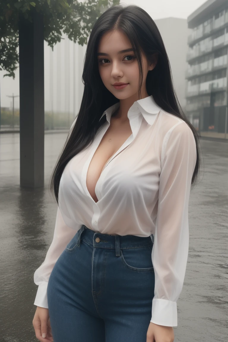 realistic photo of A beautiful girl wearing white transparent shirt in rainy day, (wet shirt, no bra) expose cleavage, high-res, masterpiece, 1girl, solo, best quality, realistic, long black hair upsweep, ((round eyes)), outside, sexy figure, (Sexy woman), (long hair), (30 years), smile, excited, 4K, HDR.