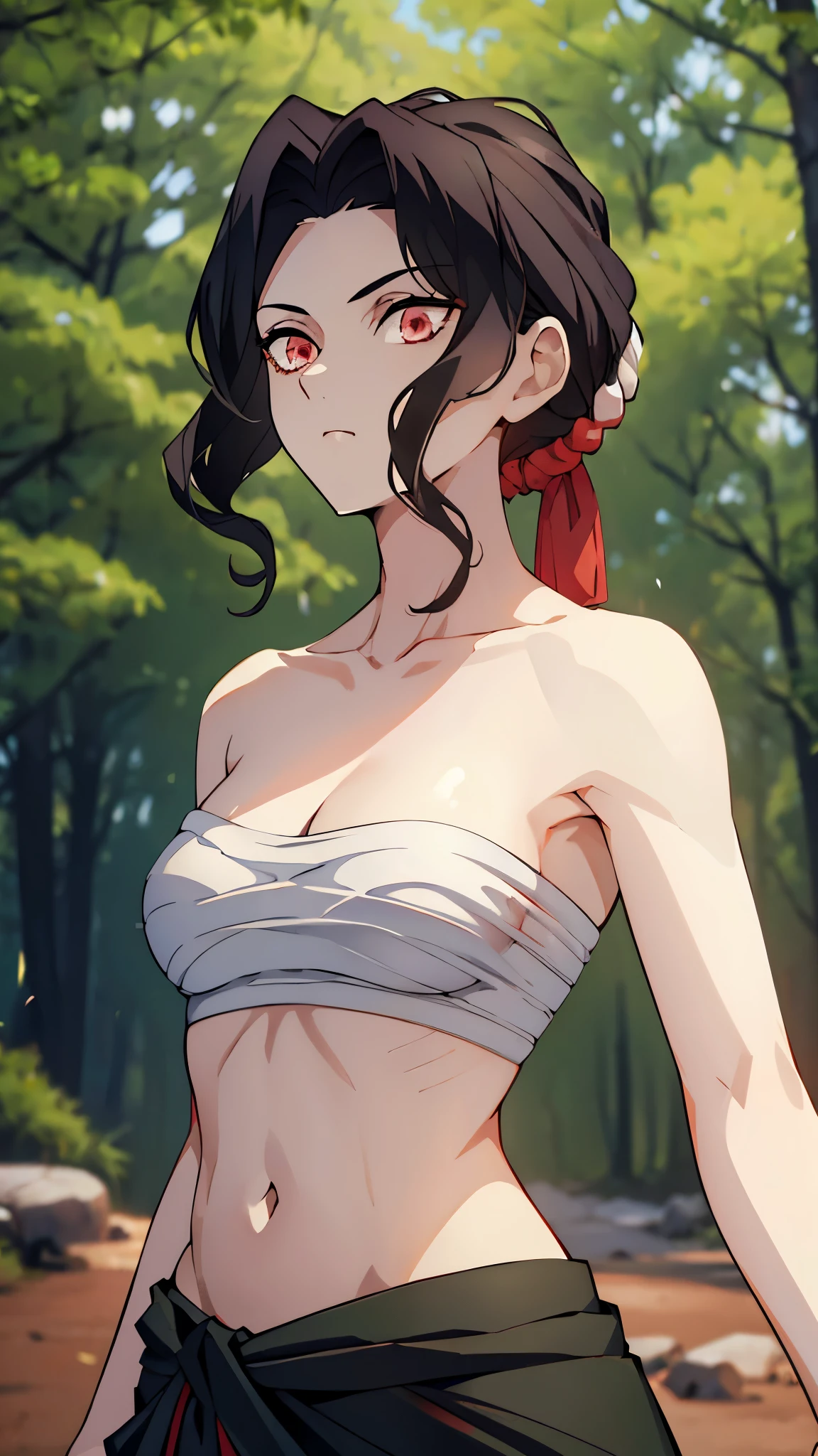 1 girl, masterpiece, highres, solo, 8k, detailed, perfect face, best quality, (ultra high quality), (looking at viewers), (armpit), collarbone, bare arms, big breast, cleavage, black hair, red eyes, belly, stomach, navel, abs, sarashi chest, bandaged breast, (red hakama), black headband, slim body, upper body, emotionless, flat face, closed mouth, at forest, hand up