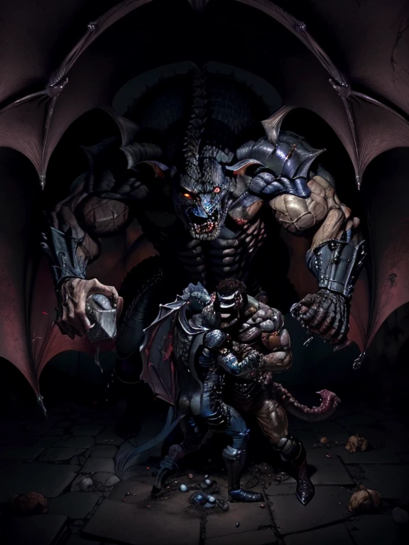 2 characters, guts luchando contra un nosferatu zodd ((demonio dragon negro gigante y diabolico)), They are in a dark room of the old barking, alumbrada con antorcha, and the room is flooded with blood. realista y fantasiosa, Disco duro.