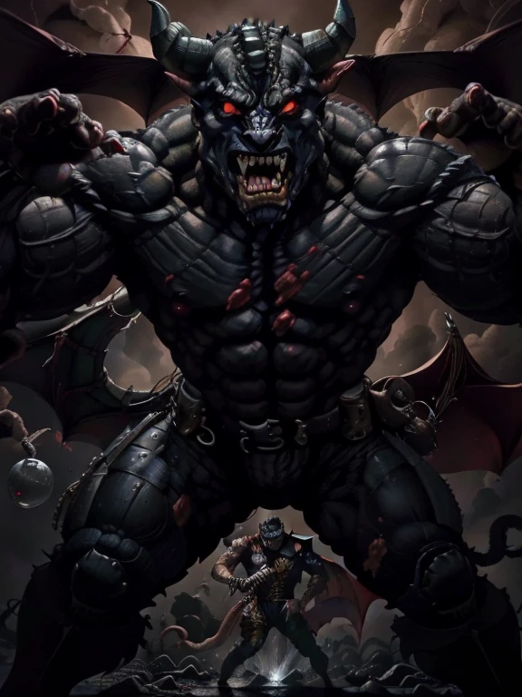 2 characters, guts luchando contra un nosferatu zodd ((demonio dragon negro gigante y diabolico)), They are in a dark room of the old barking, alumbrada con antorcha, and the room is flooded with blood. realista y fantasiosa, Disco duro.