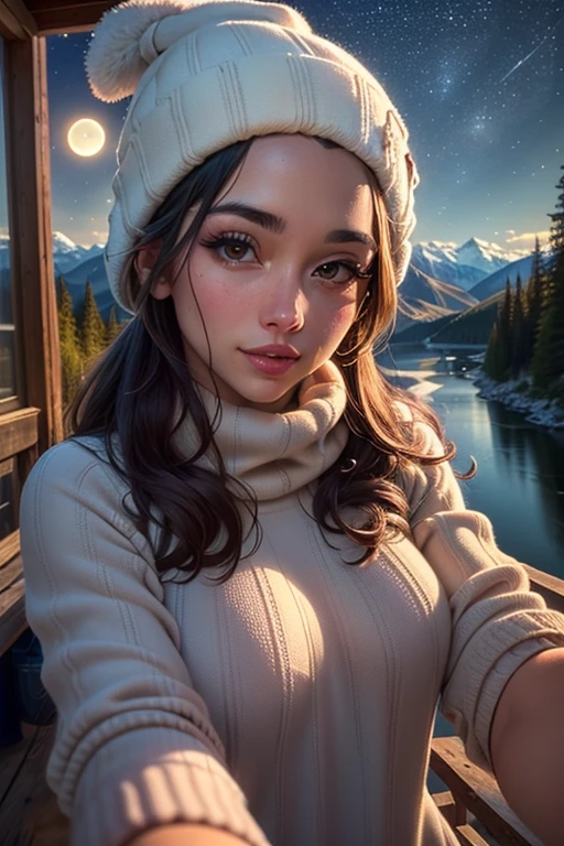photo realistic, best quality, hyper detailed, gorgeous woman, selfie photo, upper body, only, sundress wearing, al fresco, (night), mountains, nature in real life, stars, moon, (cheerful, happy), sleeping bag, gloves, sweater, beanie, torch, forest, rock, river, wood, smoke, tooth, clear sky, analog style, view of the viewer, skin texture, film grain, close up, ultra-high resolution, best shadow, RAW, instagram LUT