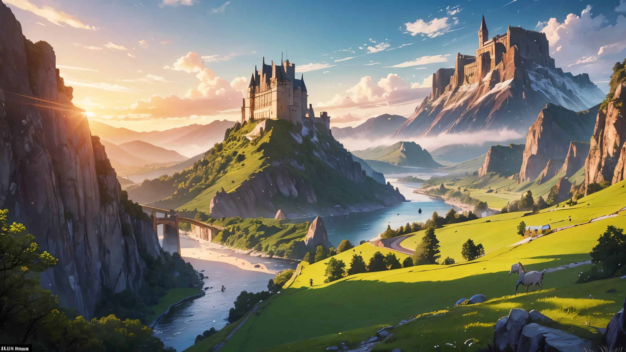 (description of the scene: lush green landscape filled with rolling hills and tall mountains, a river flowing through the valley, a majestic castle standing atop a hill, a group of brave warriors marching towards their destination, a dragon soaring through the sky, a golden sunset casting a warm glow over the entire scene, enchanting music filling the air)
A picturesque landscape in the realm of Middle-earth, where the epic tale of the Lord of the Rings unfolds. The scene showcases the natural beauty and grandeur of this mythical world, transporting the viewers into an adventure filled with magic and glory.
In this magnificent artwork, the focus lies on the breathtaking landscape that stretches as far as the eye can see. Lush green fields roll across the vast expanse, merging seamlessly with towering mountains that command attention with their majestic presence. The scene is enhanced by a gentle river that winds its way through the valley, adding a sense of tranquility and harmony to the panorama.
At the heart of this landscape stands a magnificent castle, perched high atop a hill. Its imposing structure, with its tall towers and intricate architecture, speaks of a rich history and nobility. The castle serves as a symbol of power and civilization amidst the untamed wilderness of Middle-earth.
Marching through this picturesque setting are a group of brave warriors, united in their quest to protect their homeland. Clad in armor and armed with swords and shields, they move forward with determination and resilience. Their valor and dedication shine through their eyes, further emphasized by the long, flowing banners that flutter in the wind.
Adding an element of mystique and awe to the scene is a dragon that soars majestically through the sky. With its wings outstretched and scales glistening in the sunlight, it captures the imagination and reminds us of the fantastical creatures that reside in this world.
As the day draws to a close, a golden sunset bathes the lan