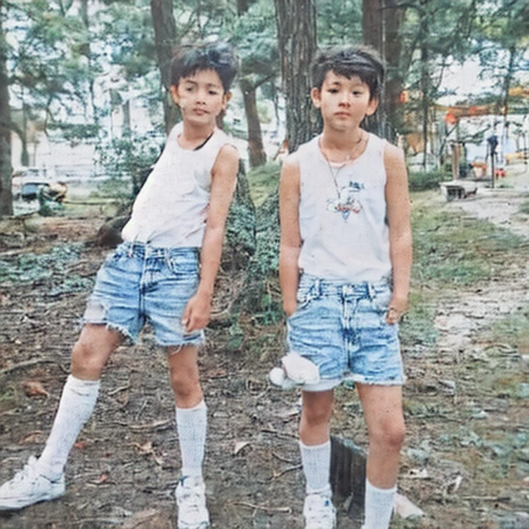 this young boy wear tanktops and very short denim shorts and white high socks 90s image