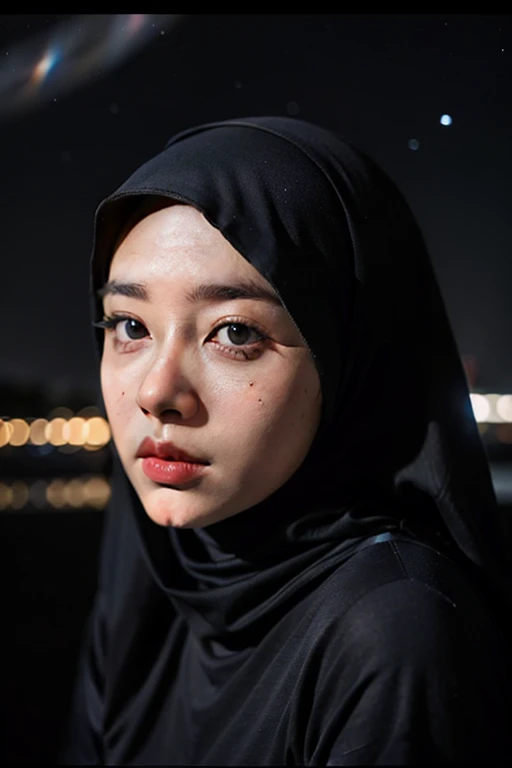 Craft a celestial-themed portrait of a Malay girl in hijab. Illuminate the hijab with stars and galaxies, blending the earthly with the cosmic in a mesmerizing and ethereal composition, 8mm, Close-up shot, cool-toned color grading, depth of field, film noir