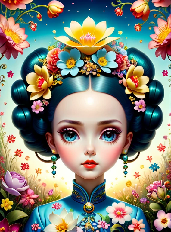 A surreal and creative painting of a woman with flowers in her hair, an ultrafine detailed painting by Mark Ryden, trending on deviantart, pop surrealism, whimsical, lowbrow, perfect symmetrical face, sharp focus, octane, masterpiece, unreal engine 5 highly rendered, global illumination, radiant light, detailed and intricate environment. art by Krenz 