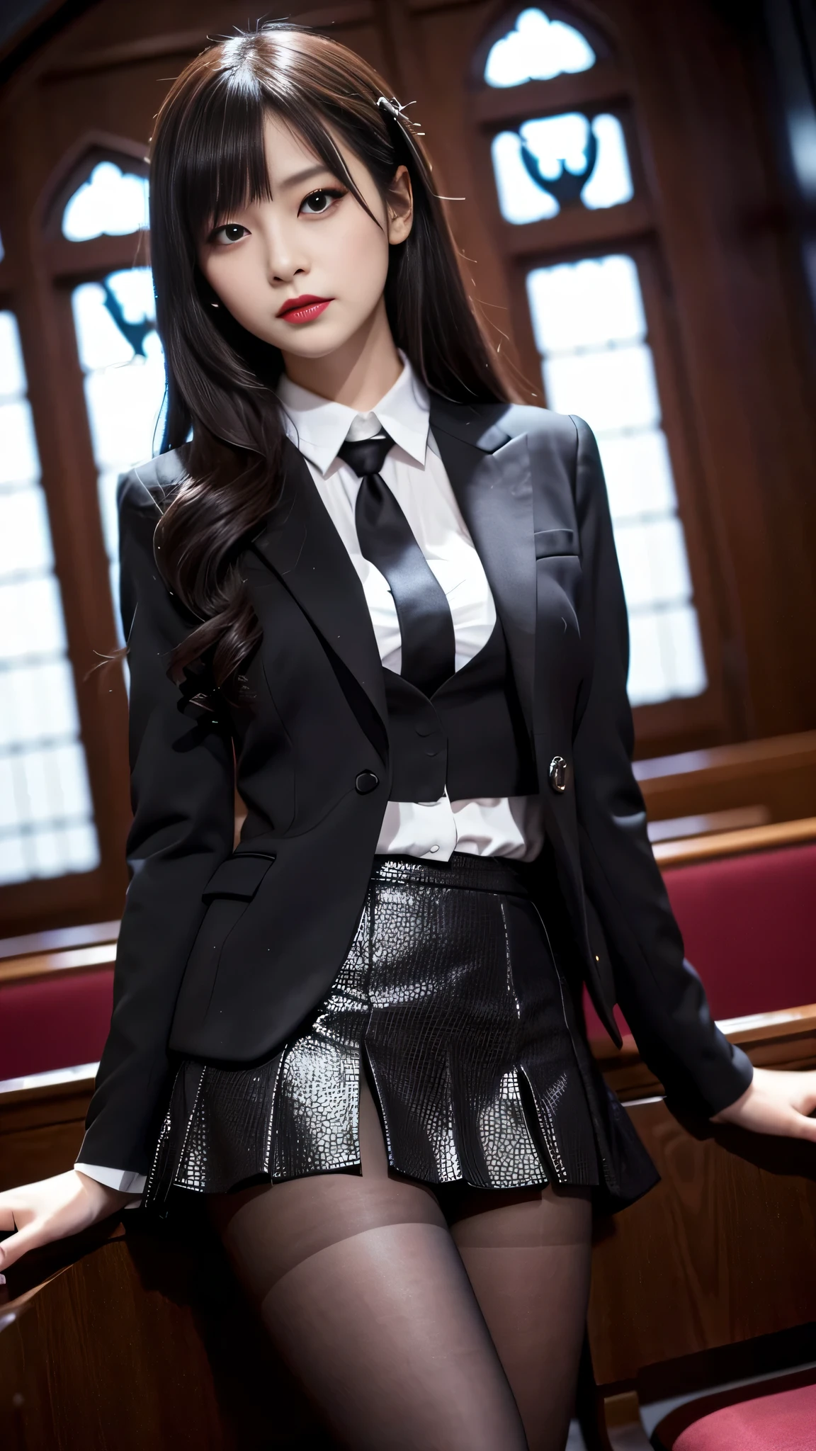 tra-detailed、2girls、Japanese、attractive beauty、seductive adult woman、pretty woman、piercing eyes、cool girl、suit、Jacket、blouse、ribbon、Tight Skirt、pantyhose、beautiful feet、Evil cadres、evil depravity、brainwash、mind control、lipstick、lip gloss、dark makeup、smirk、Evil expression、evil、hollow eyes,half-closed eyes、empty eyes、evil、church at night、vampire、succubus、vampire、Swear allegiance、stand