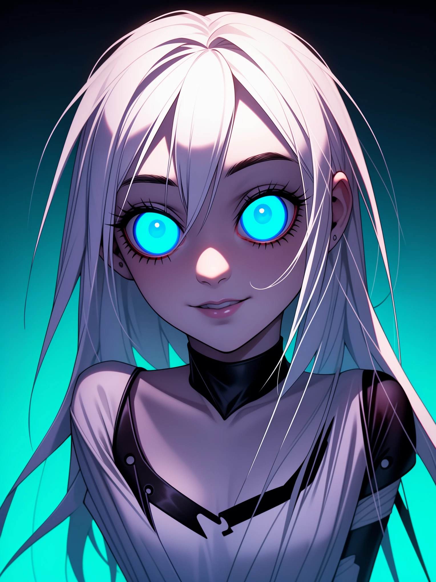 Hermosa joven de pelo blanco con penetrantes ojos rojo y azul, media sonrisa con labios carnosos, black nails, barbed wires everywhere(coiled black barbed wires),blue eyes, (ojos diferentes), (heterochromia)
