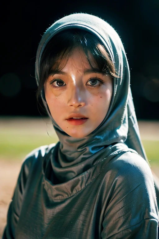 Craft a celestial-themed portrait of a Malay girl in hijab. Illuminate the hijab with stars and galaxies, blending the earthly with the cosmic in a mesmerizing and ethereal composition, 8mm, Close-up shot, cool-toned color grading, depth of field, film noir