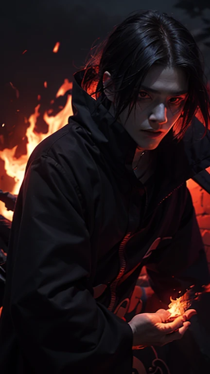 Itachi Uchiha, darkness envelops him, flaming Sharingan eyes, a raven by his side, hidden powers awaken, black flames consuming everything, an 8k vision revealing all the dark details.