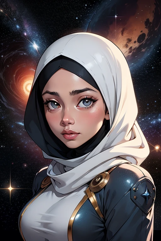 Craft a celestial-themed portrait of a Malay girl in hijab. Illuminate the hijab with stars and galaxies, blending the earthly with the cosmic in a mesmerizing and ethereal composition, 8mm, Close-up shot, cool-toned color grading, depth of field, film noir