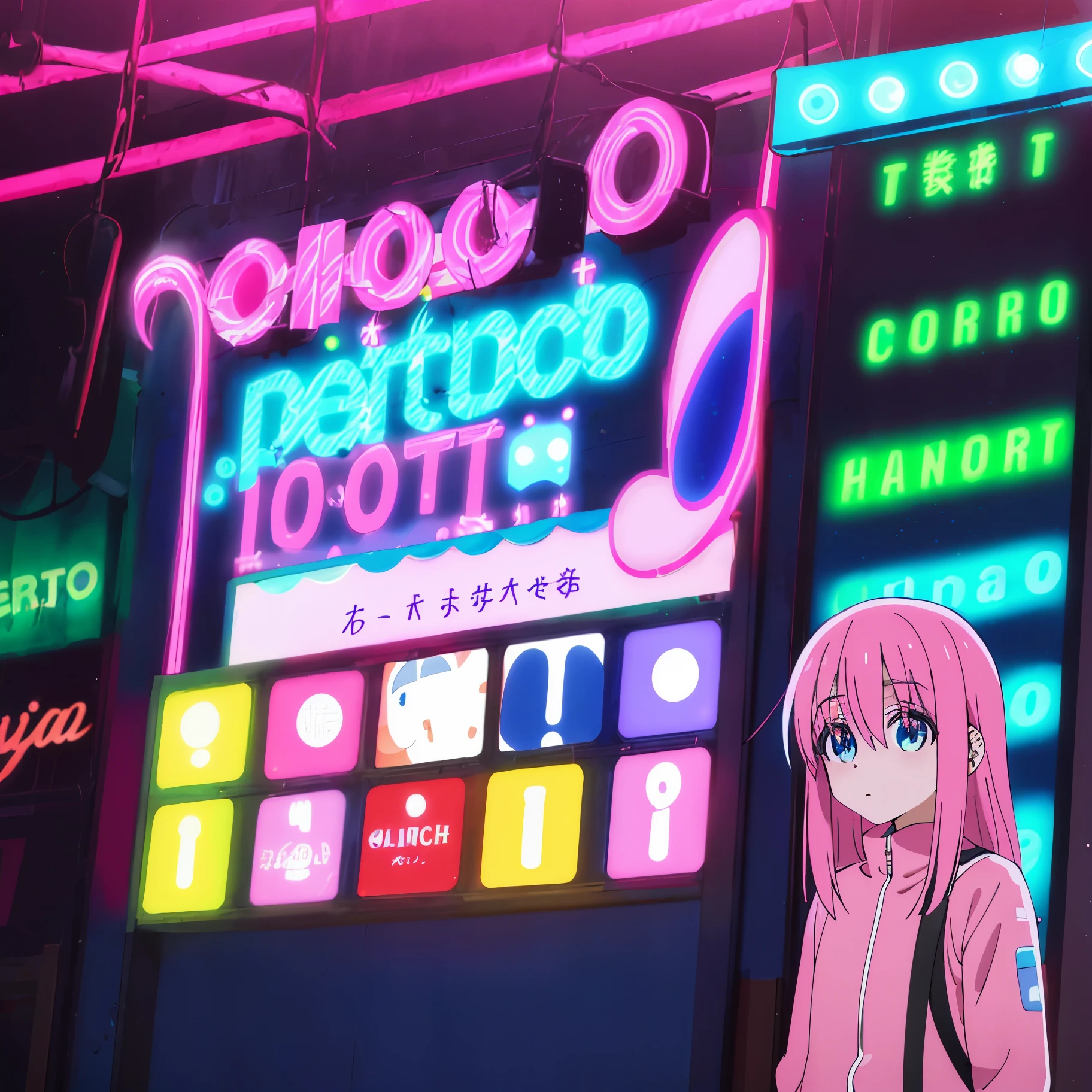 estilo bocchi, buscando, sad, (fondo de retrato borroso) de la ciudad de noche, neon lights, tienes hitori, 1 chica, blue eyes, cube adorno para el pelo, pelo entre los ojos, adorno para el pelo, pelo sobre los ojos, chaqueta, pelo largo, one side up, boca cerrada, cabello rosado, pink chaqueta, solo, track chaqueta, ((obra maestra)), mirar de cerca, neon lights falling of face, Yeso en la nariz