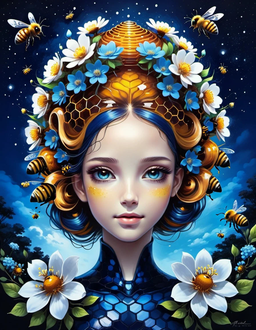 beautiful picture of a girl with vibrant flowers on her head, dark sky-blue and dark navy, dark sky-blue and dark white, realistic, photo effects, luminous shadowing, anime-inspired, elegant outlines, magic bees and beehives made of dvr-honey