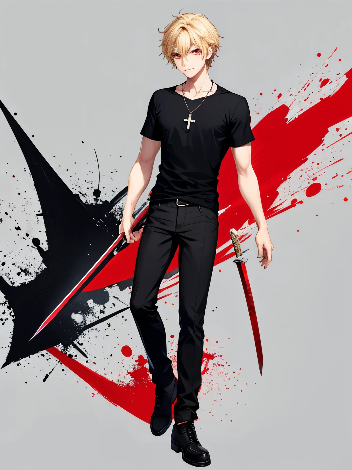 1 man,solo,20 years old,Swinging the sword, two swords,full body photo,HD face,cross necklace,handsome,messy hair,Perfect face, detailed face, short hair, blonde hair,black t-shirt, Plain t-shirt,black t-shirt,short sleeve t-shirt,black trousers, Long pants,red eyes,bright red eyes, vampire