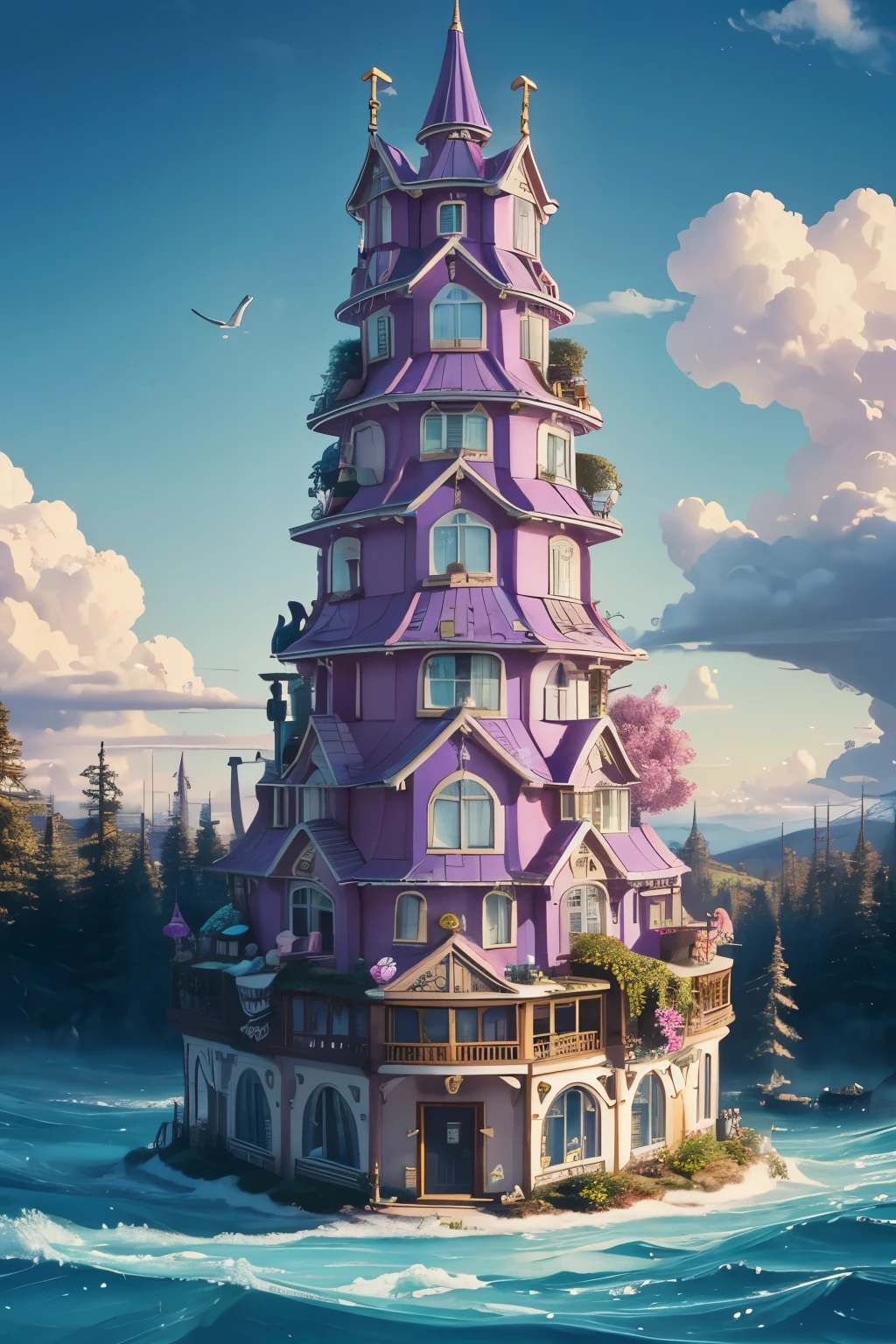 Create a captivating visual representation of an unusual and fantastical world where animals, people, cars, homes, and food coexist in extraordinary and unexpected ways. In this surreal landscape, a charismatic and mischievous cat with vibrant purple fur lounges atop a vintage pink Cadillac, while a family of penguins dressed in elegant tuxedos happily strolls along the bustling city streets. Floating in the sky above, a majestic blue whale gracefully hovers, seamlessly blending with the surrounding clouds. Quaint cottages adorned with icing and candy cane roofs stand harmoniously amidst a lush forest, where towering mushrooms serve as whimsical homes for tiny fairies. Mouthwatering dishes, like a towering pizza burger topped with sushi rolls, tantalize the taste buds
