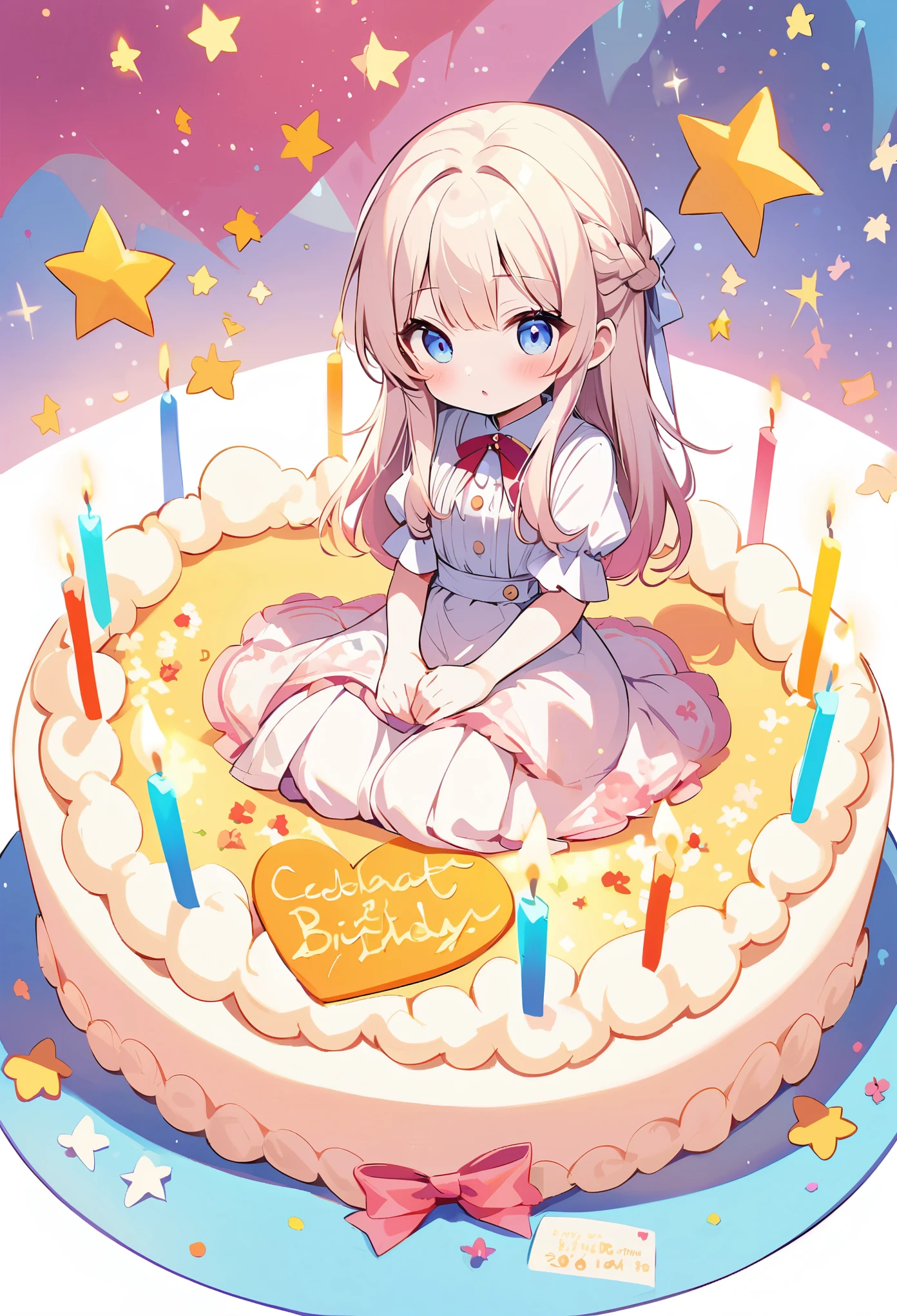The lady is sitting on the sofa,A small white Pomeranian crawls on her lap, Opposite birthday cake, Make a wish on a birthday cake, celebrate her birthday, She is about , White skin, Exquisite facial features