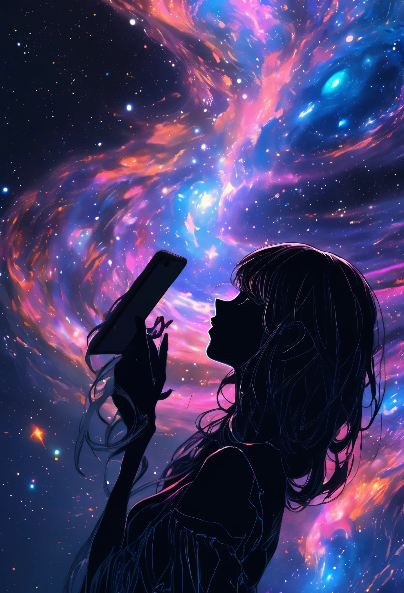 (best quality, sketch:1.2), epic realistic,(ultra details ayes),illustrator,anime,1 girl, detailed lips,custom, gradient background,neon hair,textured cropping, masterpiece, anime, a woman standing looking at a black hole, fantasy world, trending on art station, space art, dreamy psychedelic anime, beautiful anime scene, anime epic artwork. anime, photo picture poses, average height