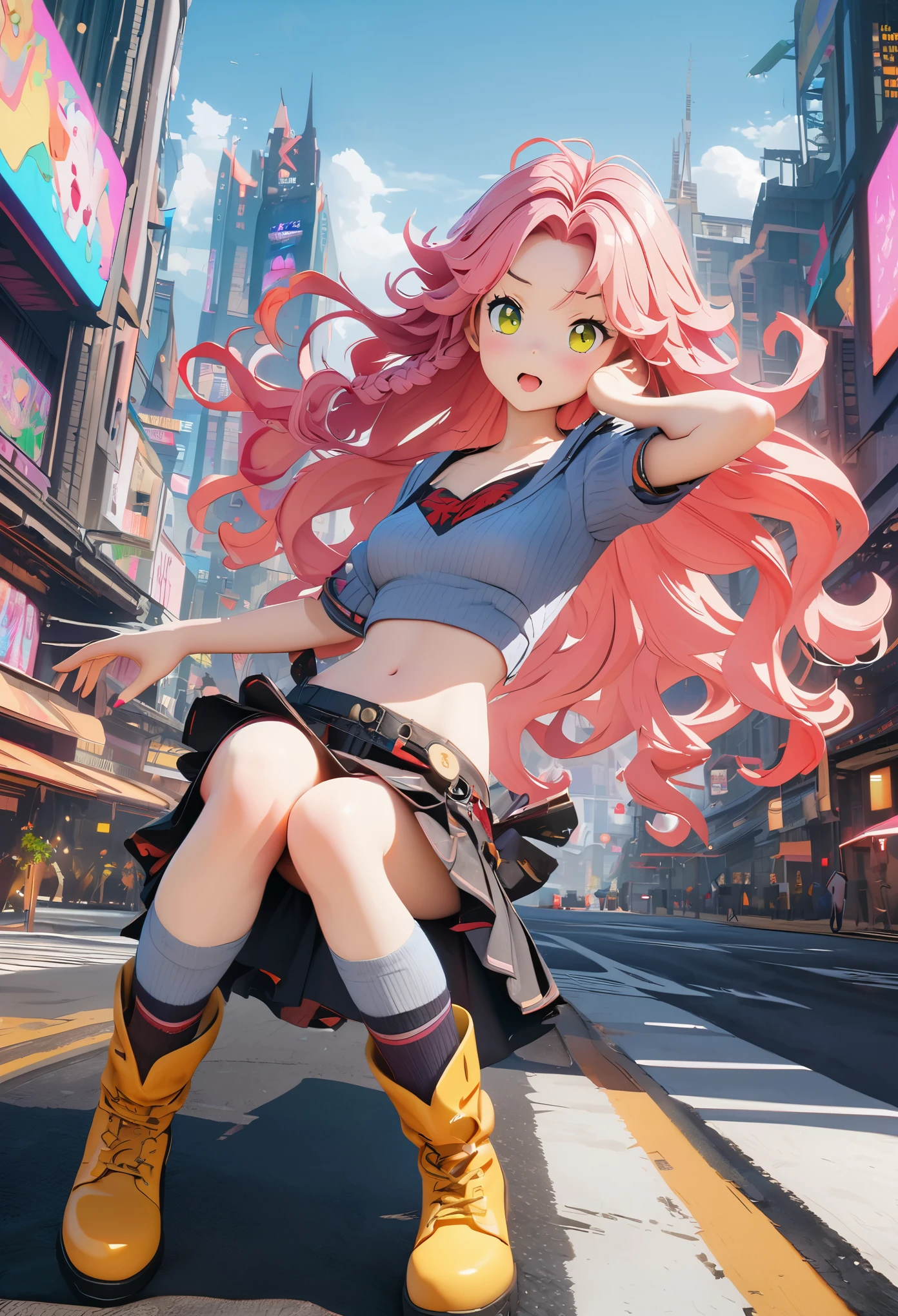 High resolution, best quality, masterpiece, very high image quality, Super detailed, surreal, 3d, Japanese cartoons, illustration, fantasy, hard rock girl, very beautiful and cute, pink wavy hair, side braid, mini skirt, knee socks, engineer boots, background cyberpunk city galaxy